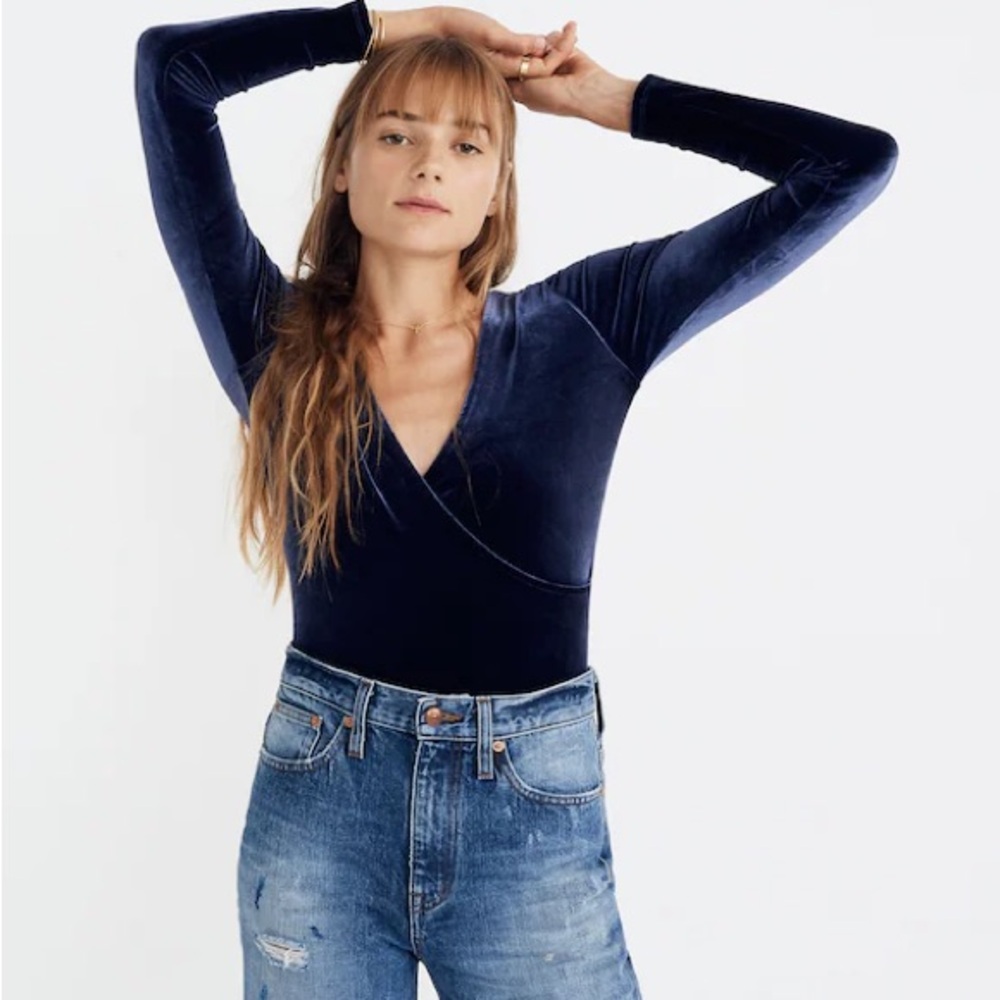 Madewell Blue Velvet Wrap Bodysuit